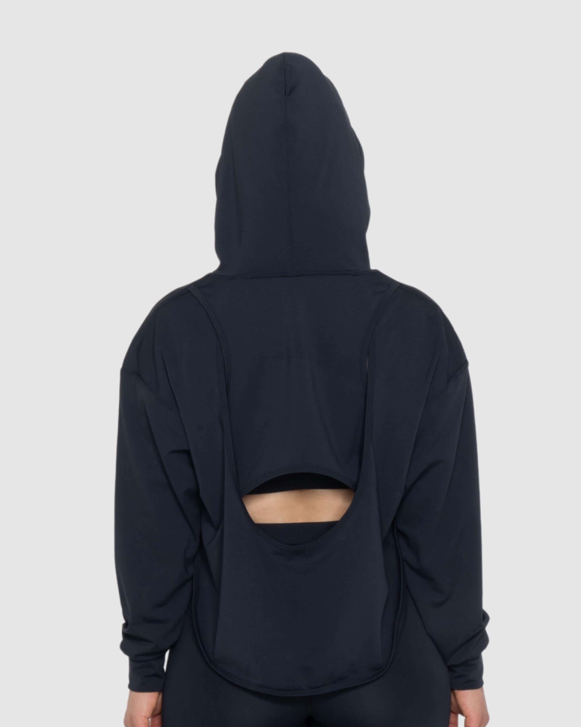 Black Acetate Open Back Hoodie For Gym and Yoga-MEMFitness