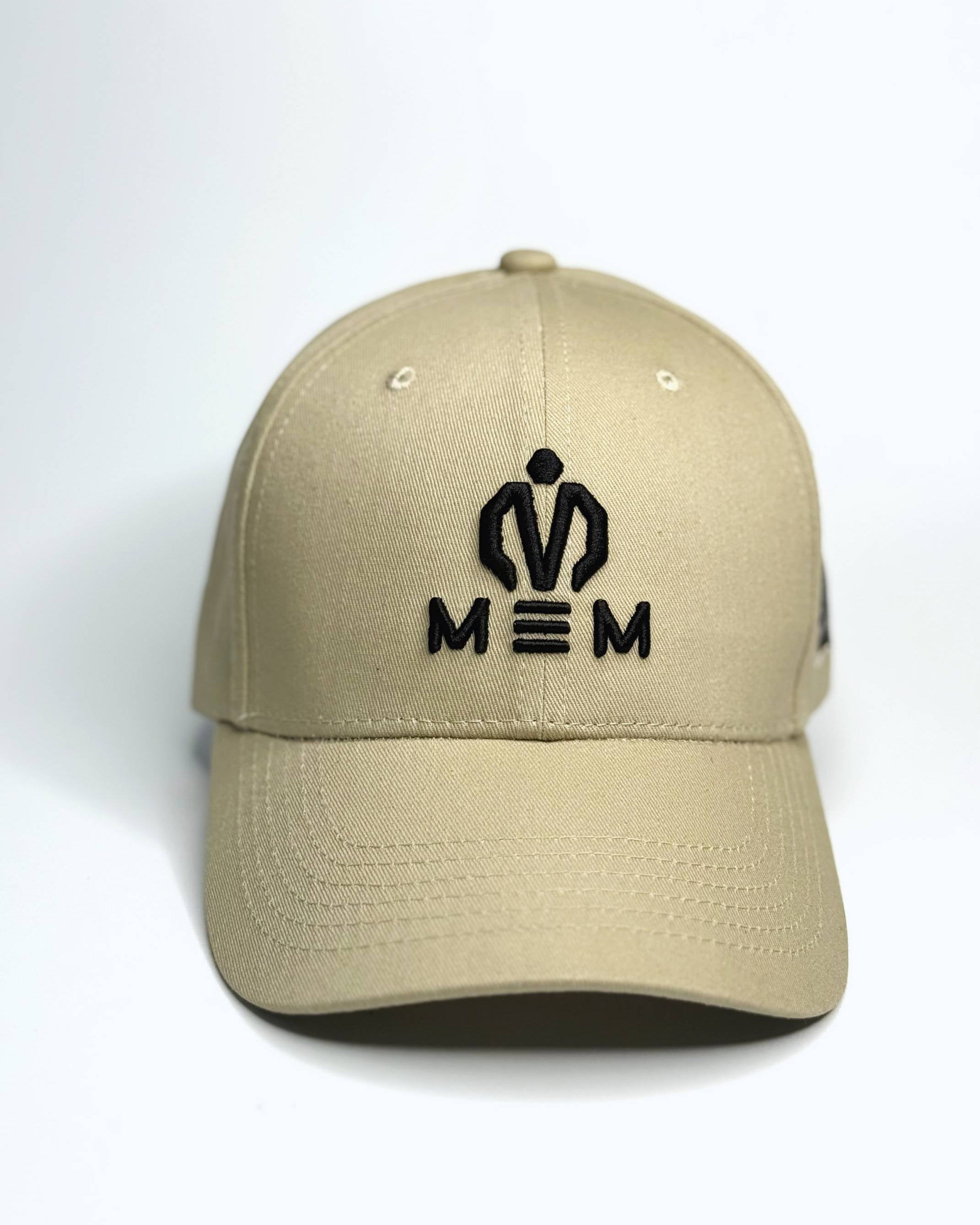 Beige cap with black logo on a white background