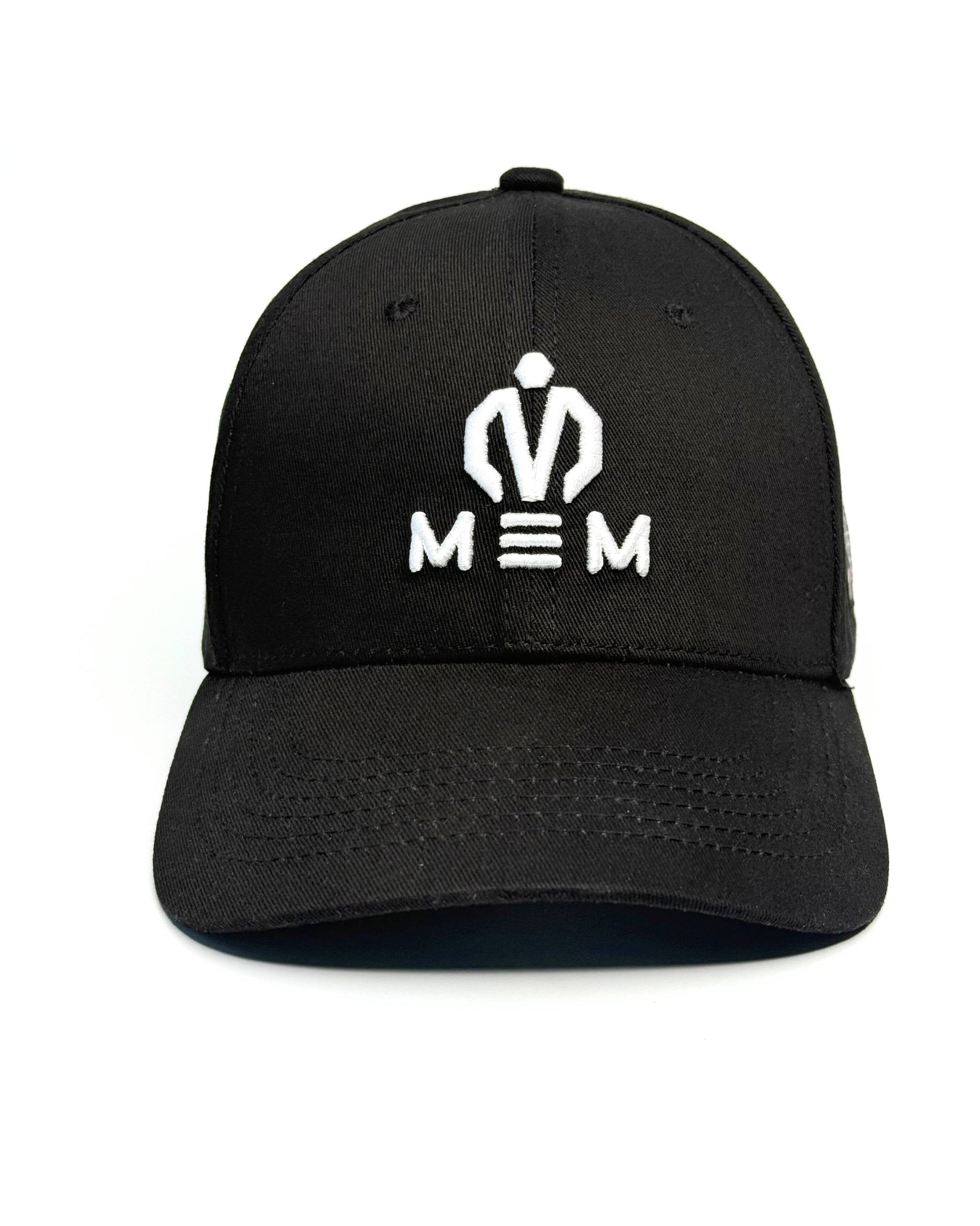 Black cap with a white logo on a white background