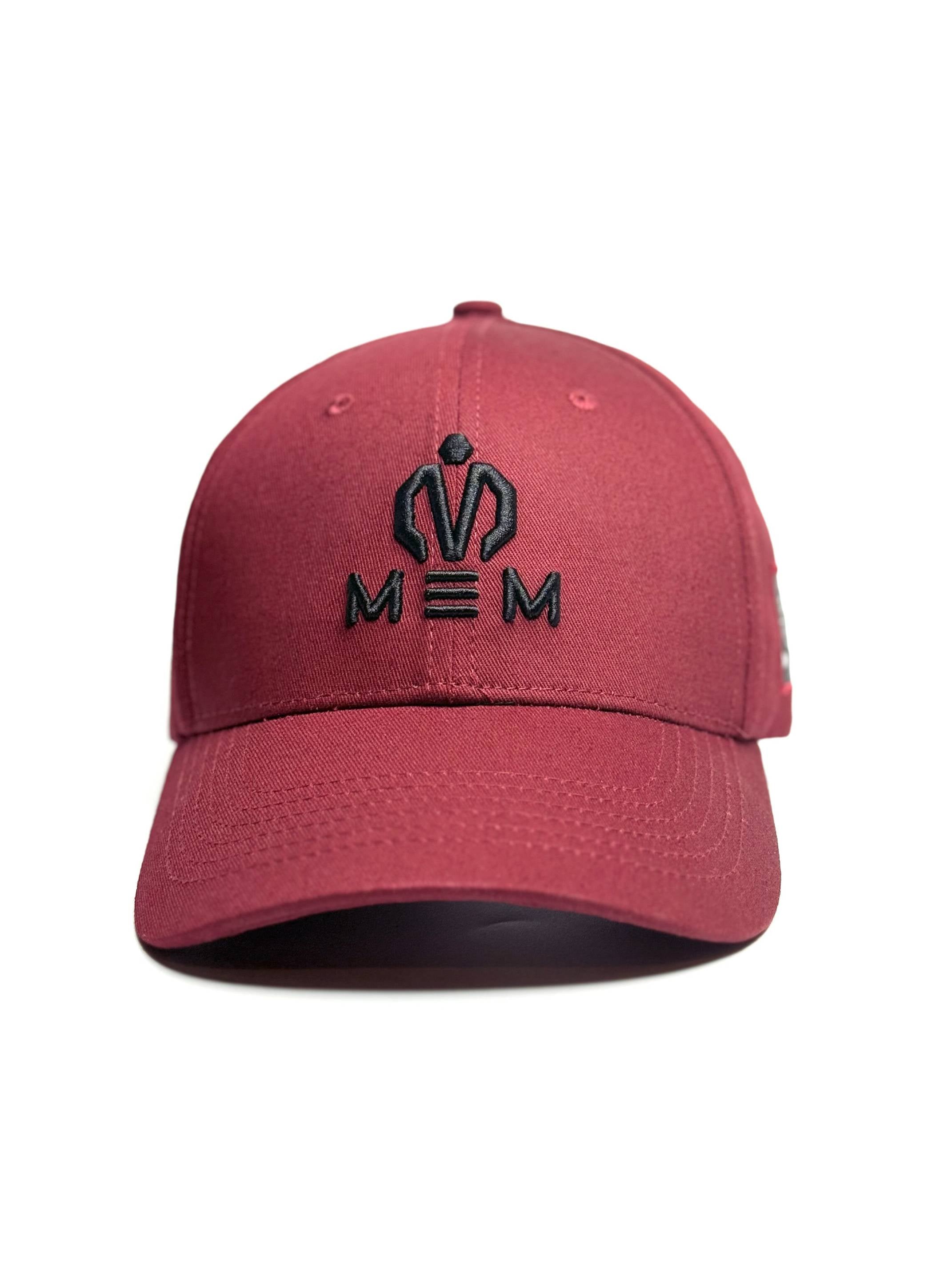 Red cap with black logo on a white background