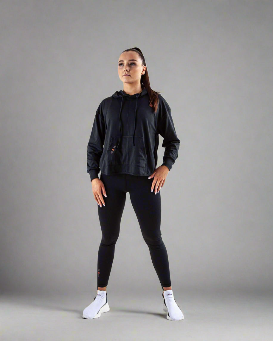 Black Acetate Open Back Hoodie For Gym And Yoga