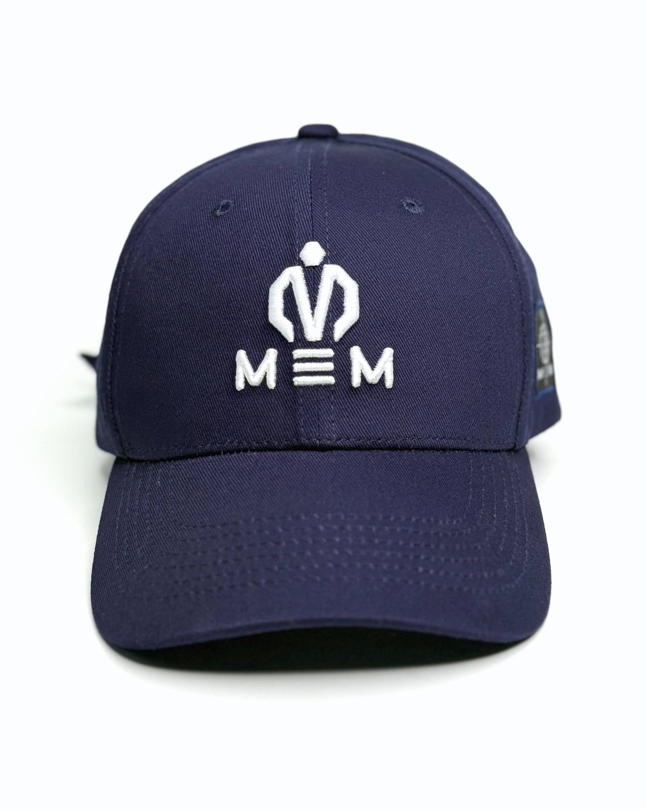 Navy blue cap with white logo and text on a white background