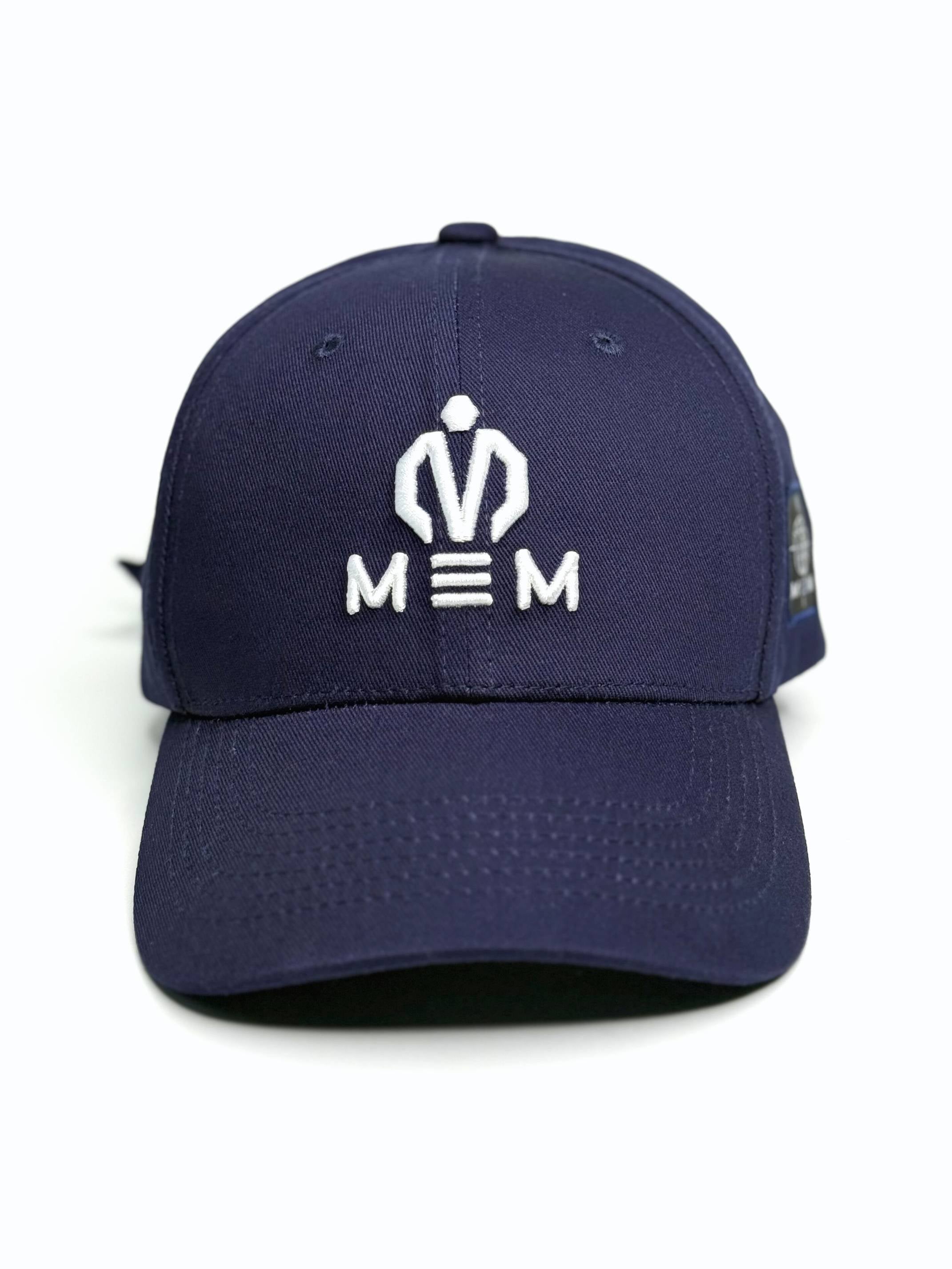 Navy blue cap with white logo and text on a white background