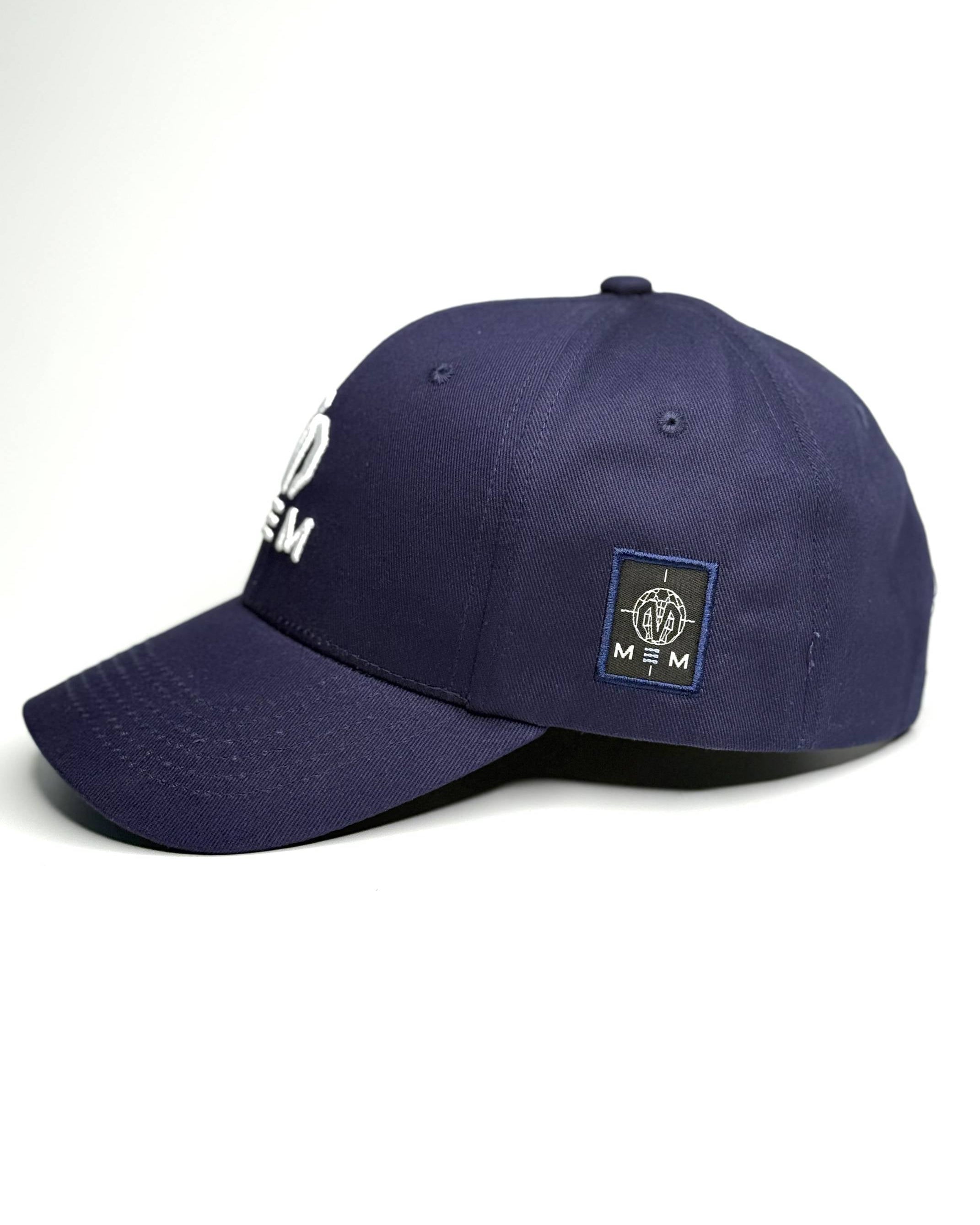 Navy blue cap with a logo on a white background
