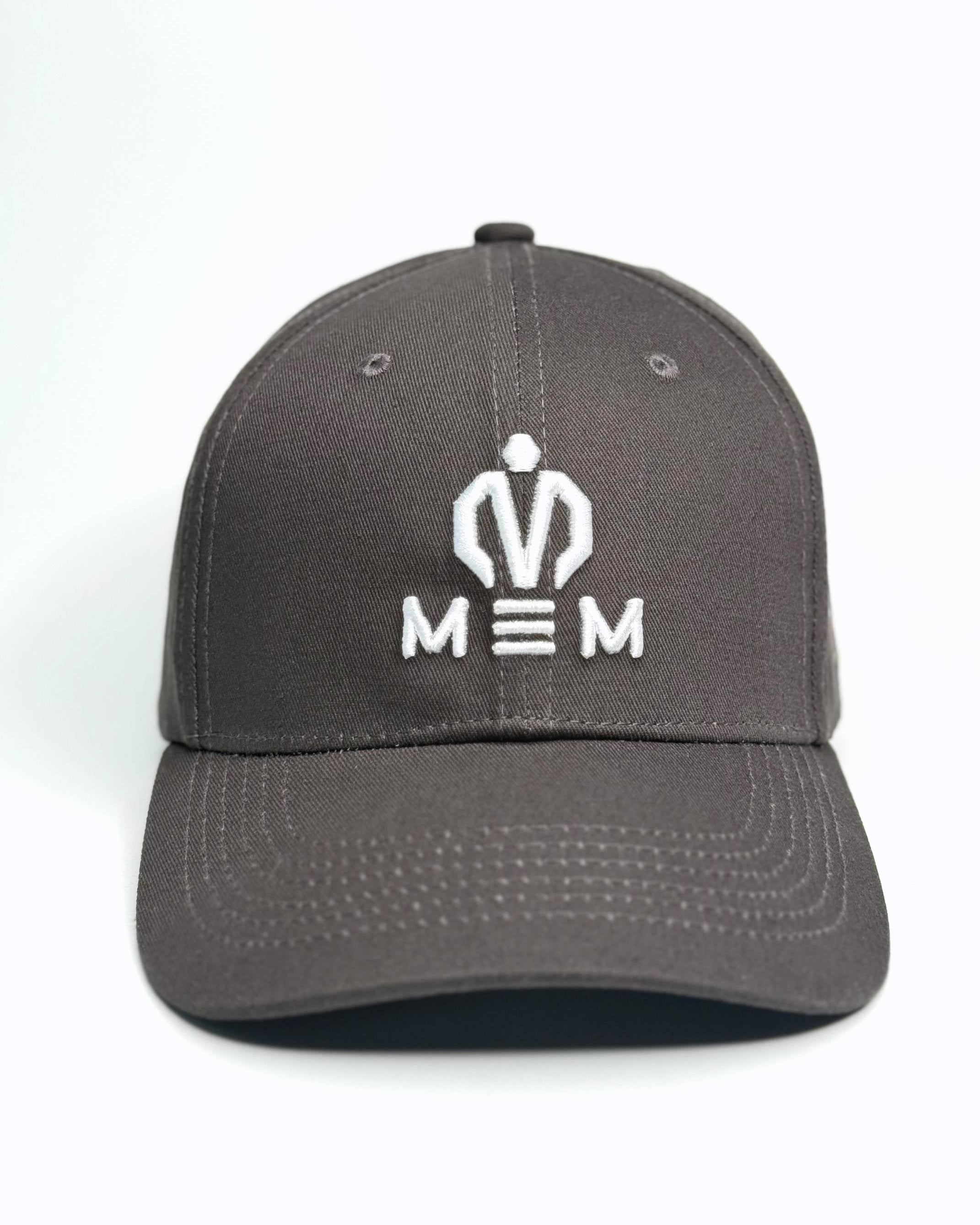 Gray cap with a white logo on a white background
