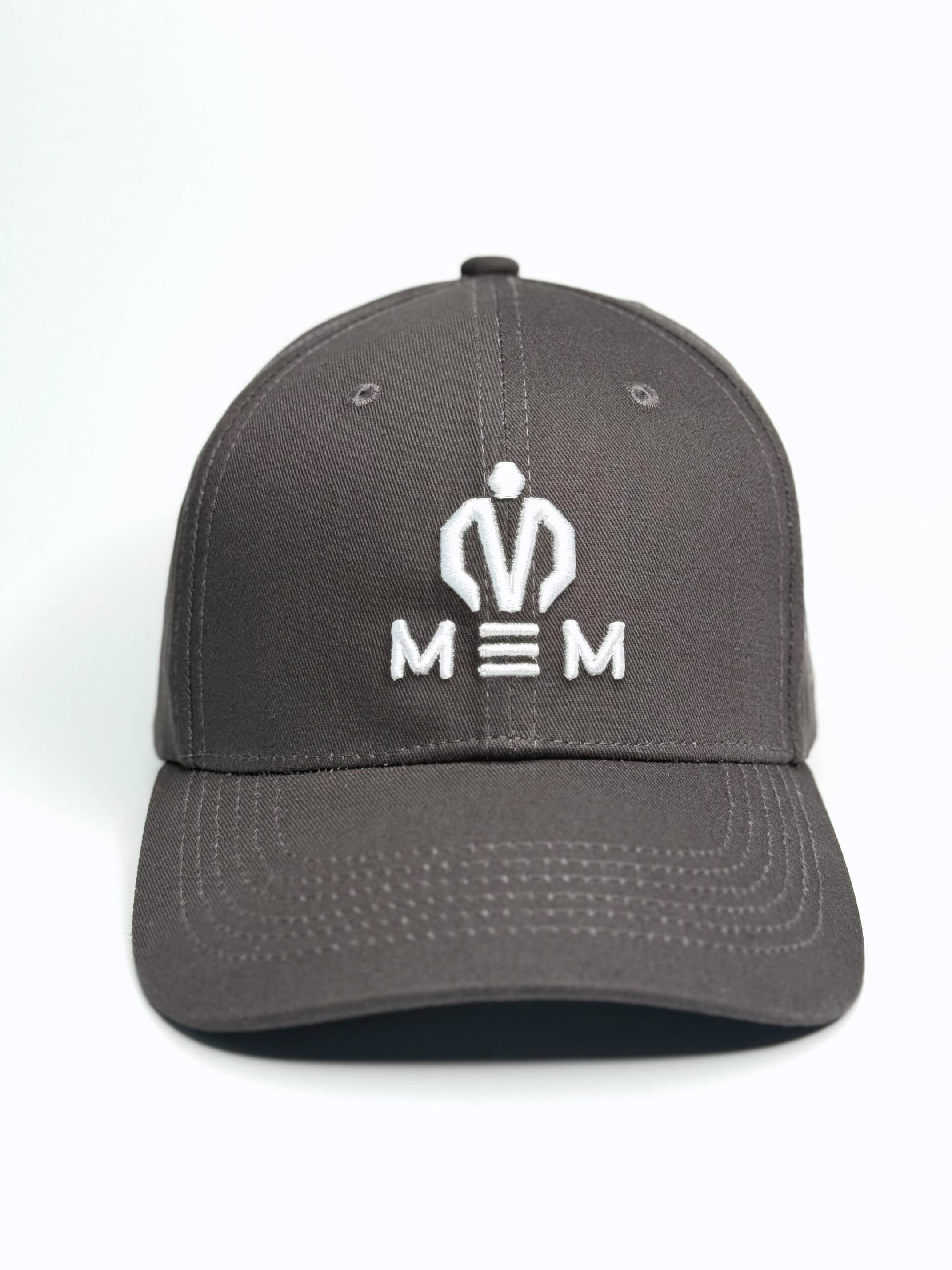 Gray cap with a white logo on a white background