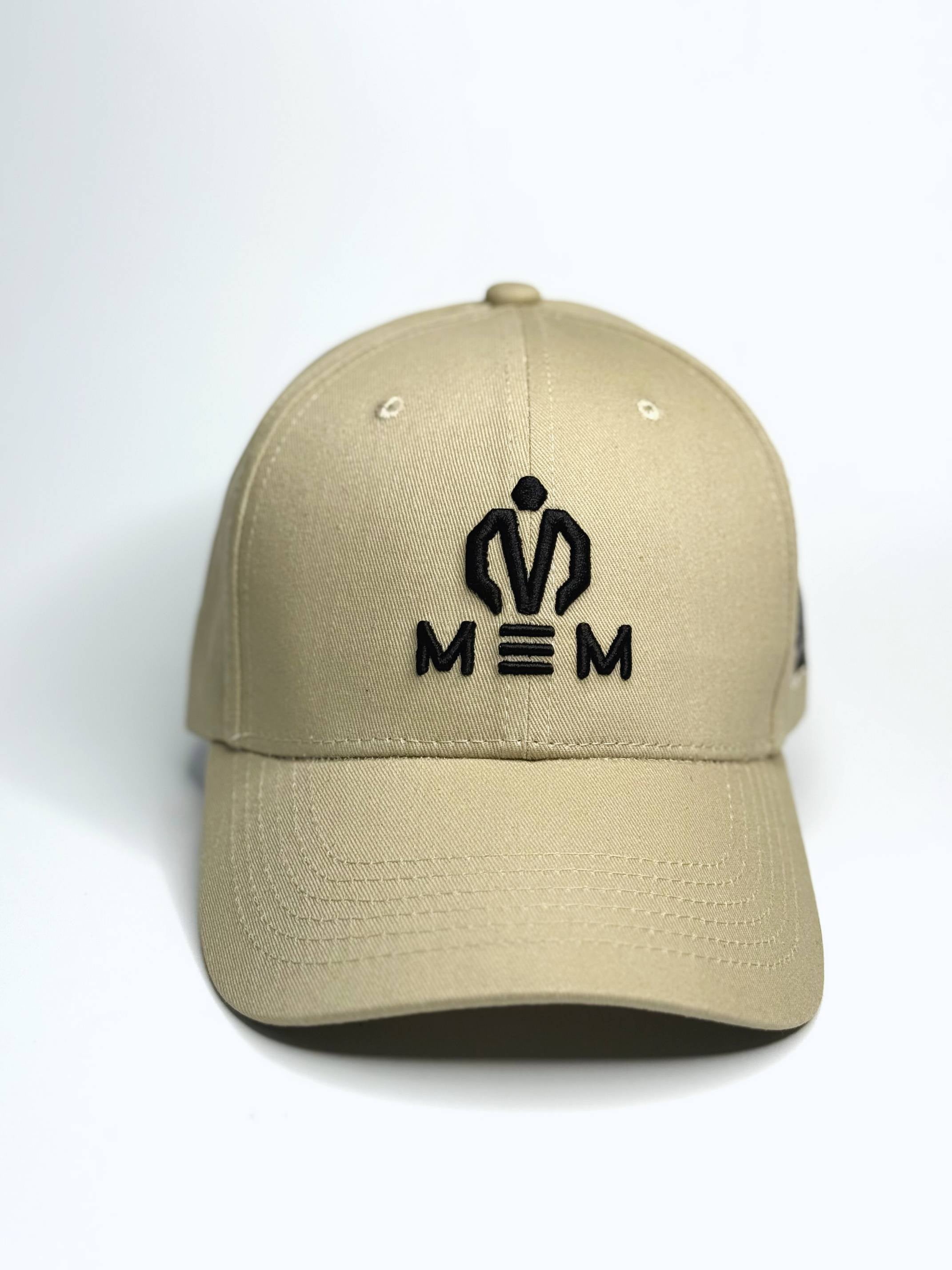 Beige cap with black logo on a white background