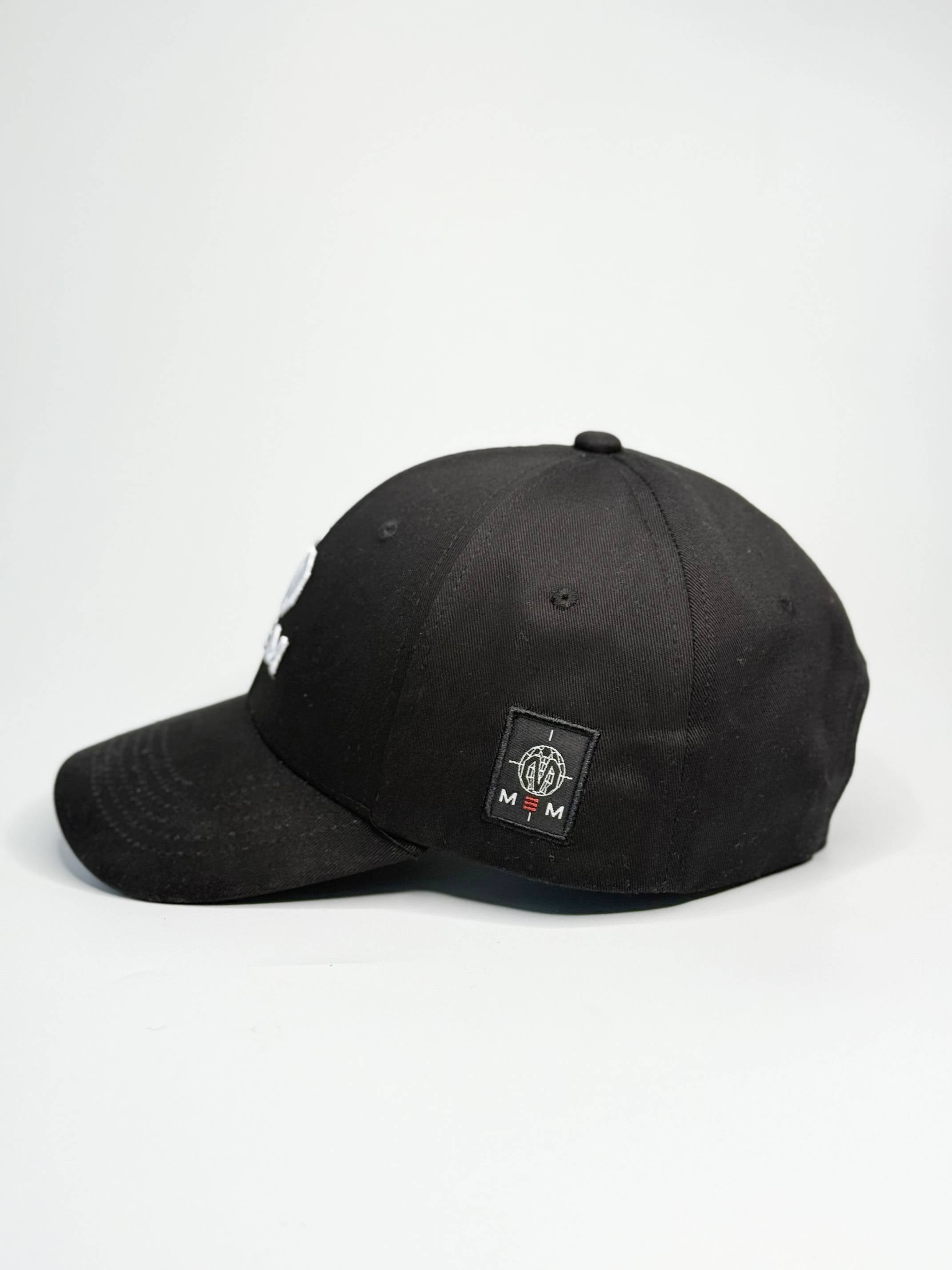 Black cap with a logo on a white background