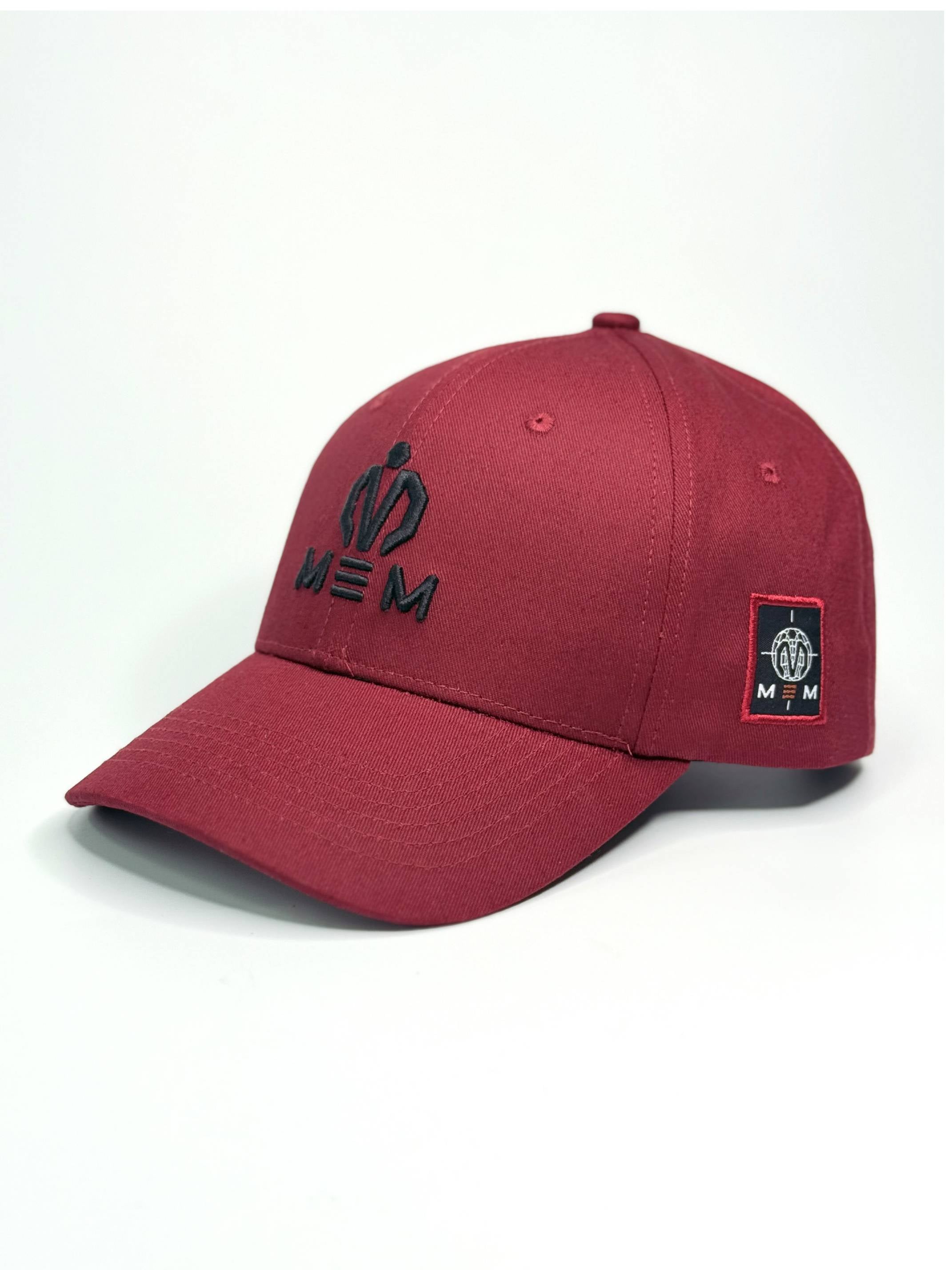 Red cap with logo and patch on a white background