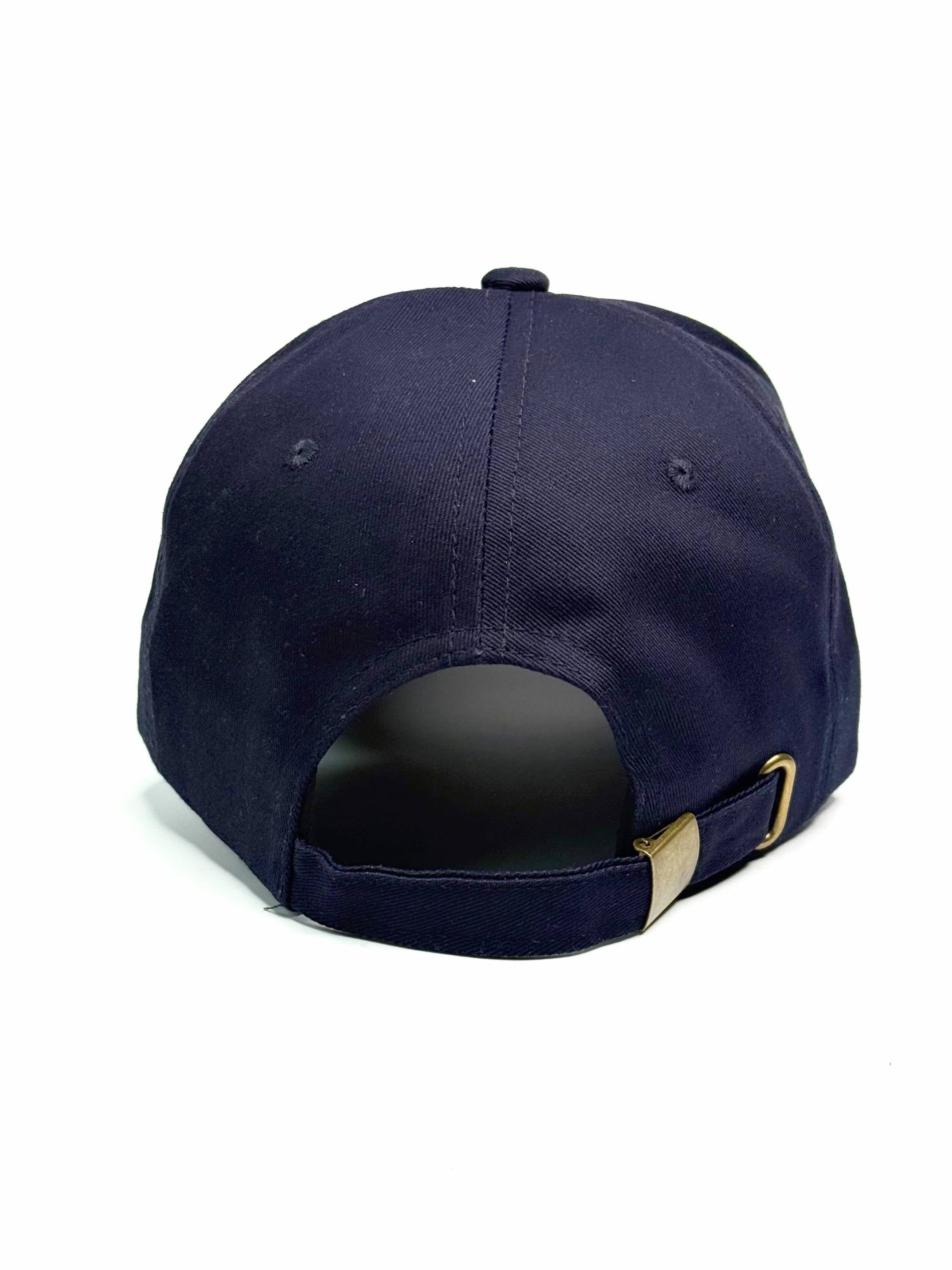 Dark Navy blue baseball cap with a gold buckle on a white background