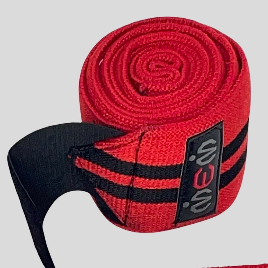 red and black knee wraps