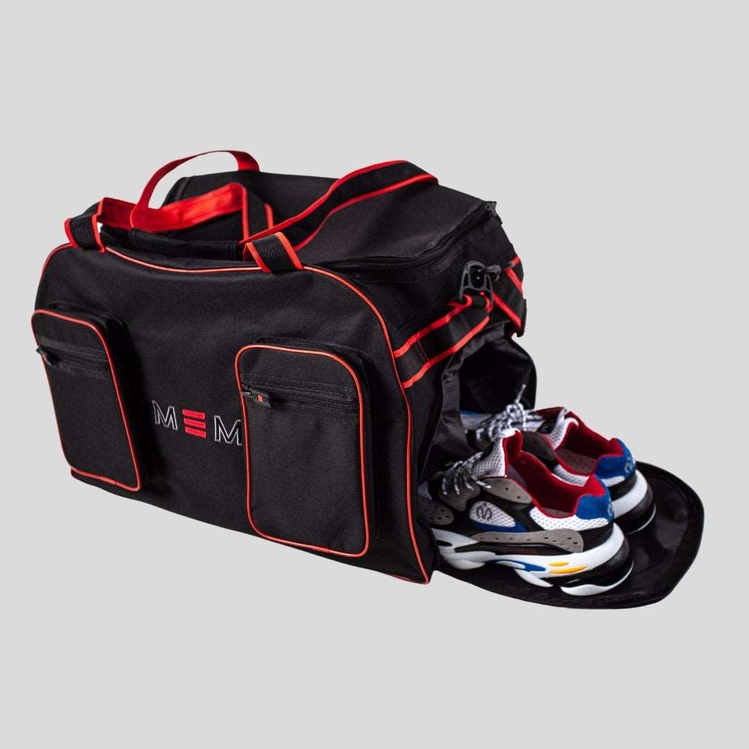 red and black gym bag with shoe compartment
