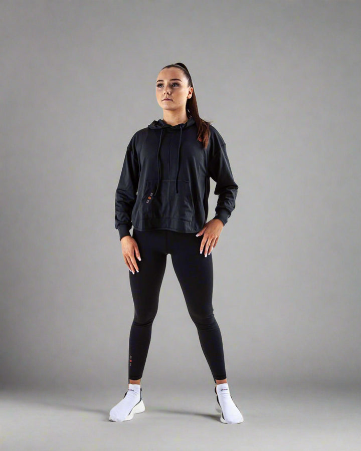 Black Acetate Open Back Hoodie For Gym And Yoga