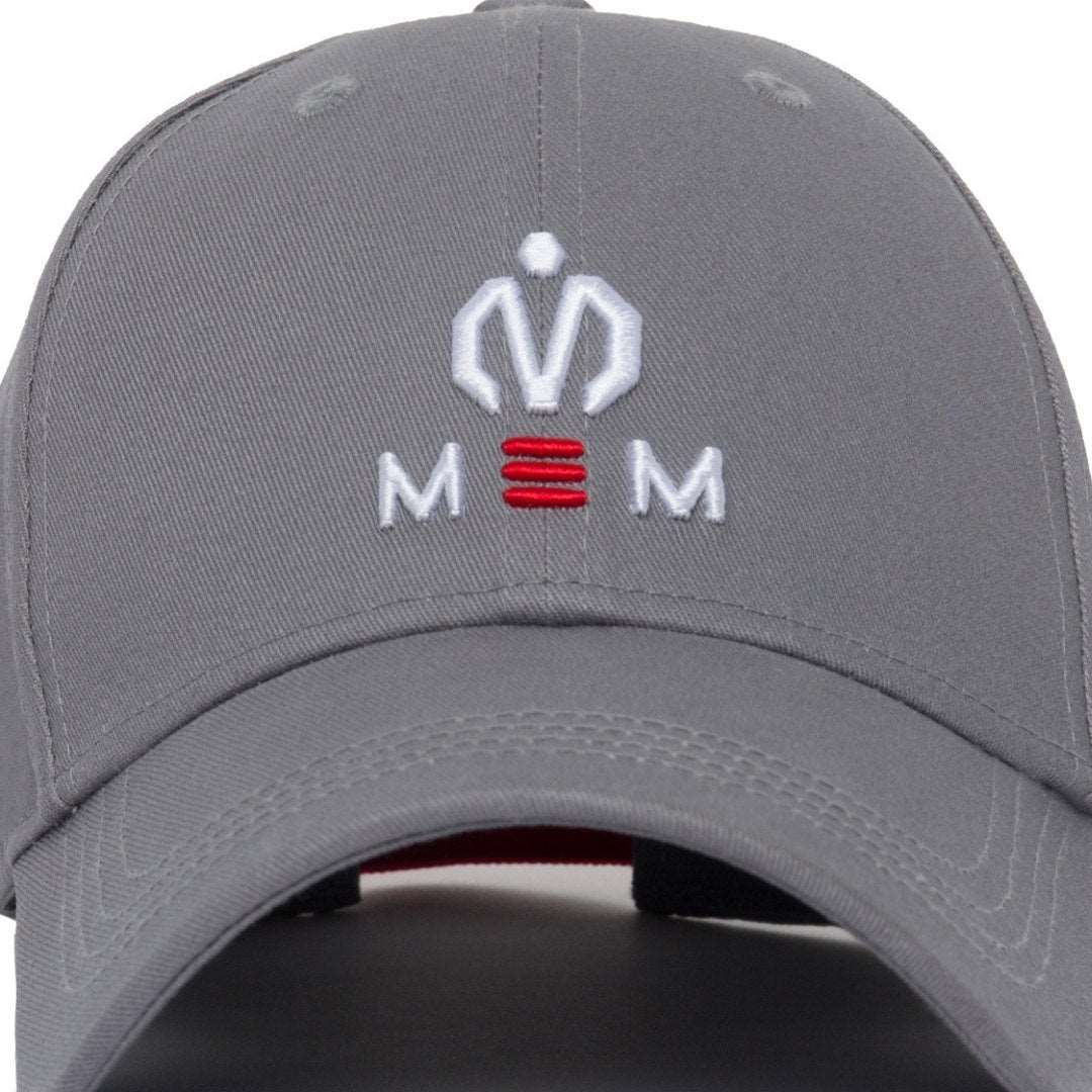 grey baseball cap with white embroidered logo
