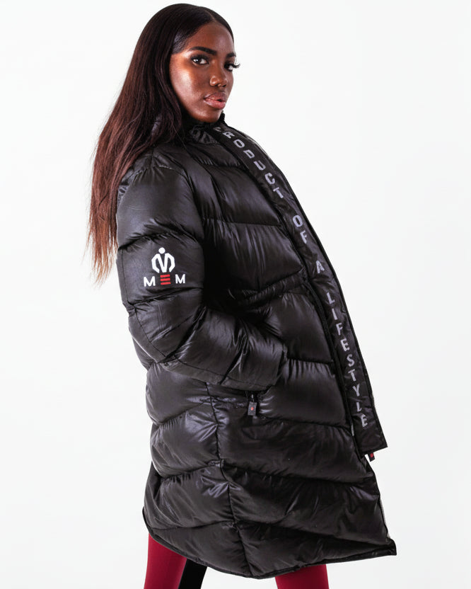 Women Matt Black Longline Puffer Jacket - MEMFitness