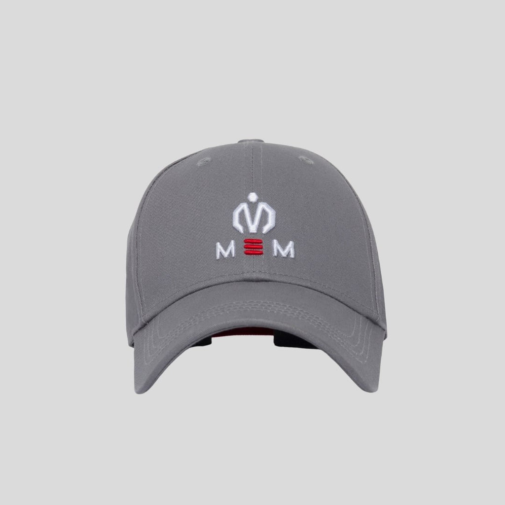 grey baseball cap with red logo