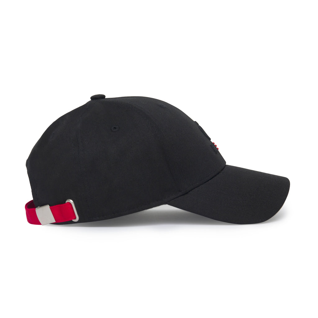black baseball cap with embroidered logo